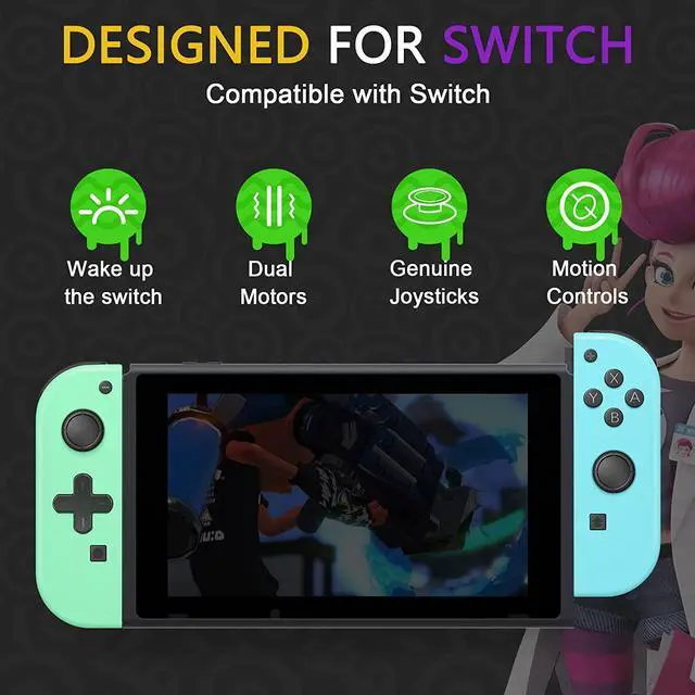Alt view image 2 of 7 - Wireless Joy Con Compatible for Nintendo Switch/OLED/Lite, Switch Joycon Support Wake-up Function and 6-Axis Gyro with Grip and Straps (Blue and Green)