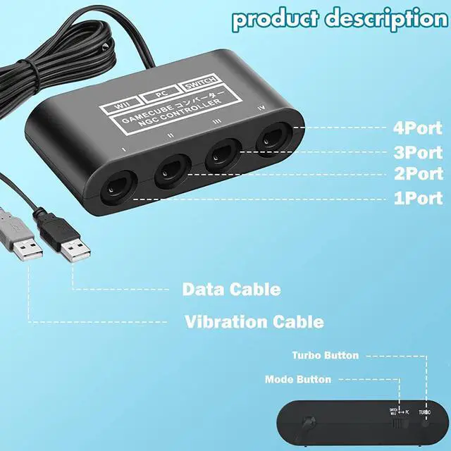 Alt view image 3 of 6 - Gamecube Controller Adapter for Switch Gamecube Adapter Wii U and PC, Super Smash Bros Choice Support Four Gamecube Controller and 70IN Long Cable