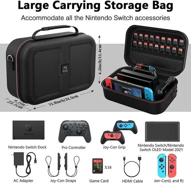 Alt view image 3 of 7 - Switch Carrying Case Compatible with Nintendo Switch, 12 In 1 Accessories Bundle for Nintendo Switch with Carrying Case, Protective Case, Screen Protector, PlayStand, Joycon Grip & More (Black)