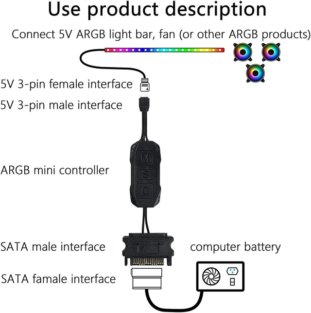 Alt view image 4 of 6 - 5V 3PIN ARGB Controller,Built-in Light Mode,SATA Power Supply,for Motherboards W