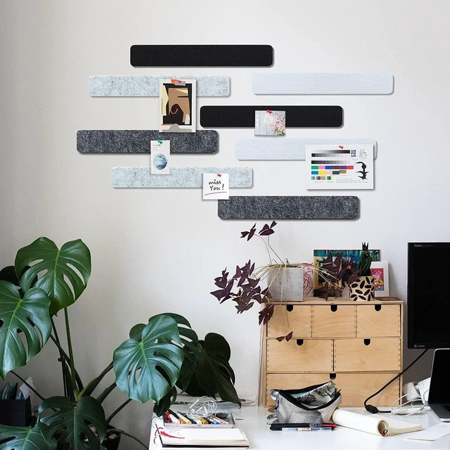 Alt view image 2 of 7 - Uoisaiko Felt Pin Board Bar 15"x2", Pack of 8 Bulletin Board Strips with 40 Push Pins, Home Office Memos Notice Boards Felt Wall Tiles