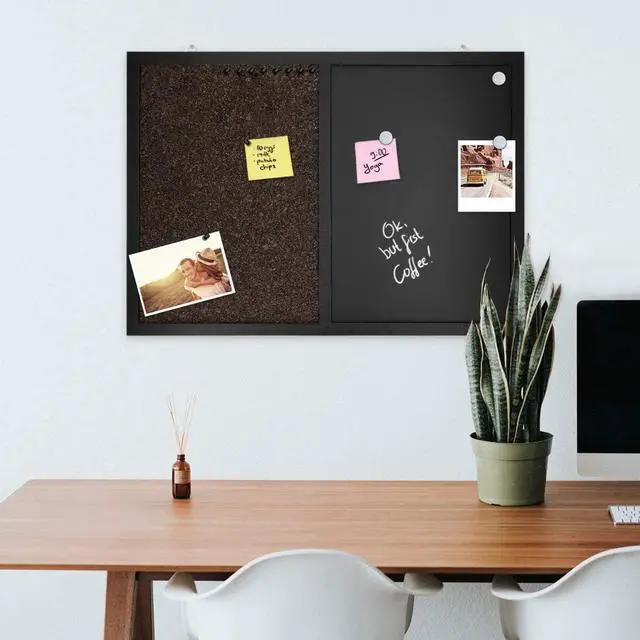 Alt view image 2 of 7 - Navaris Combination Chalk and Cork Board - 20 x 28 in Magnetic Chalkboard Combo Framed Bulletin Board for Wall - Includes Chalk, Push Pins, Magnets