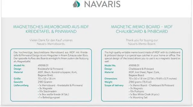 Alt view image 7 of 7 - Navaris Combination Chalk and Cork Board - 20 x 28 in Magnetic Chalkboard Combo Framed Bulletin Board for Wall - Includes Chalk, Push Pins, Magnets