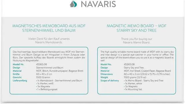 Alt view image 7 of 7 - Navaris Magnetic Dry Erase Board - 16 x 24 inches Decorative White Board for Wall with Design, Includes 5 Magnets and Marker - Starry Sky and Tree