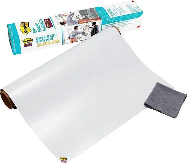 Main image of Post-it Dry Erase Whiteboard Film Surface for Walls, Doors, Tables, Chalkboards, Whiteboards, and More, Removable, Stain-Proof, Easy Installation, 3 ft x 2 ft Roll, White, 3 x 2 Feet (DEF3x2)