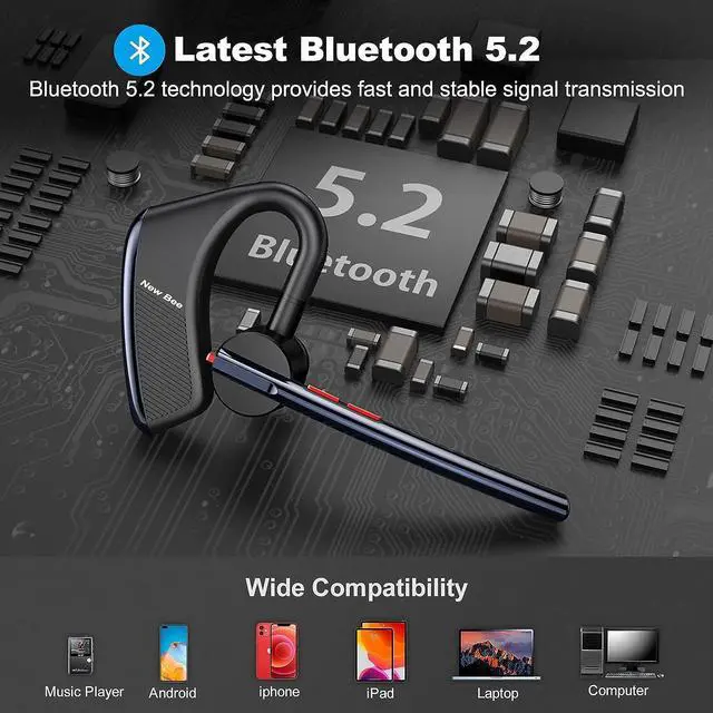 Alt view image 4 of 6 - Bluetooth Headset V5.2 New bee 24Hrs Talktime CVC8.0 Dual Mic Bluetooth Earpiece Noise Cancelling Wireless Handsfree Driving Headset with Mic Mute for iPhone/Android/Trucker/Business/Office(Blue)