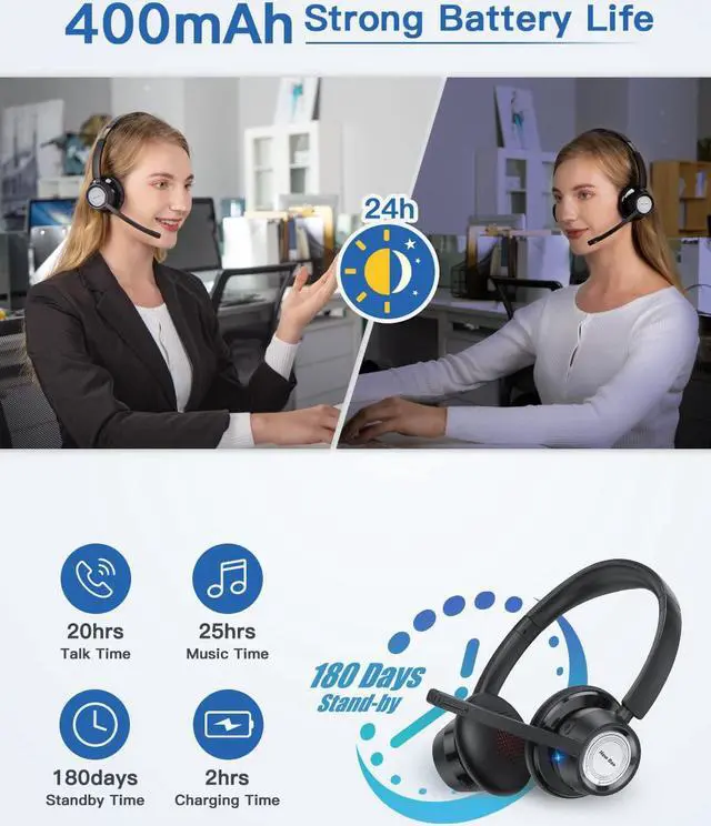 Alt view image 5 of 7 - Wireless Headset with Microphone Noise Canceling 20Hrs New Bee V5.0 Bluetooth Headset Office Headset with USB Dongle & 270° Mute Mic for Skype Zoom Laptop Computer Phone