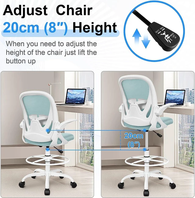 Alt view image 4 of 6 - Drafting Chair Primy Tall Office Chair with Flip-up Armrests Executive Ergonomic Computer Standing Desk Chair with Adjustable Footrest Ring and Lumbar SupportLight Blue