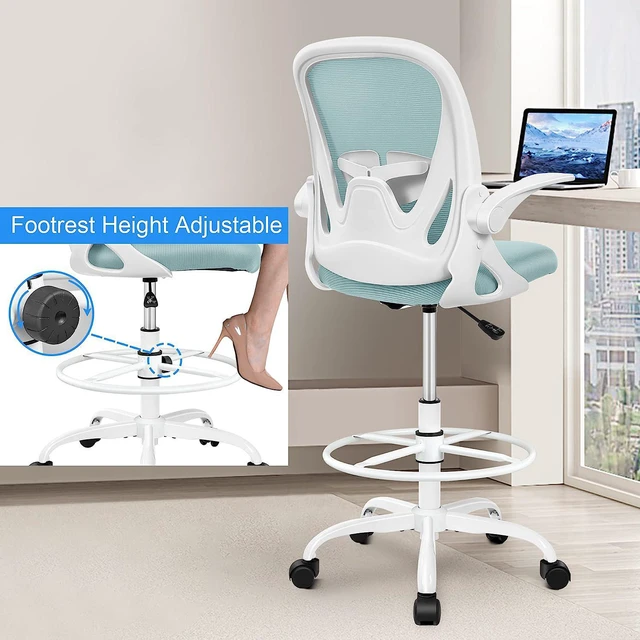 Alt view image 5 of 6 - Drafting Chair Primy Tall Office Chair with Flip-up Armrests Executive Ergonomic Computer Standing Desk Chair with Adjustable Footrest Ring and Lumbar SupportLight Blue