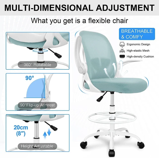Alt view image 3 of 6 - Drafting Chair Primy Tall Office Chair with Flip-up Armrests Executive Ergonomic Computer Standing Desk Chair with Adjustable Footrest Ring and Lumbar SupportLight Blue