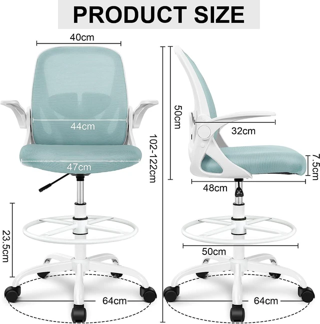 Alt view image 6 of 6 - Drafting Chair Primy Tall Office Chair with Flip-up Armrests Executive Ergonomic Computer Standing Desk Chair with Adjustable Footrest Ring and Lumbar SupportLight Blue