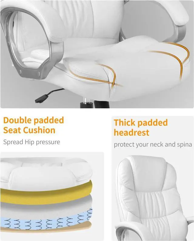 Alt view image 2 of 5 - Office Chair Computer High Back Adjustable Ergonomic Desk Chair Executive PU Leather Swivel Task Chair with Armrests Lumbar Support (White)
