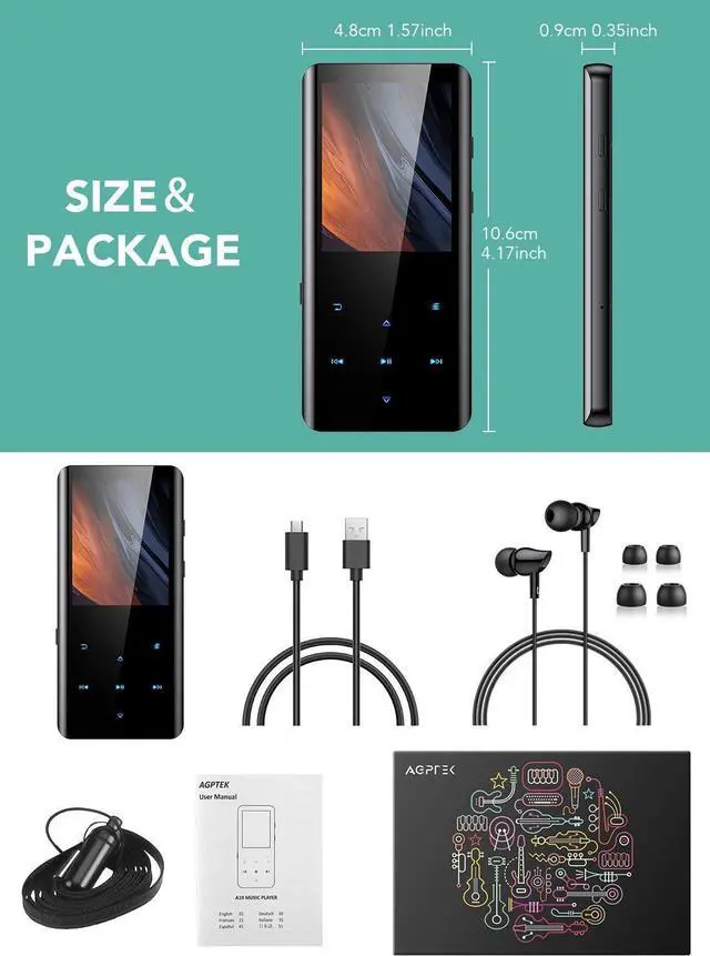 Alt view image 7 of 7 - AGPTEK 32GB MP3 Player with Bluetooth 5.0, AGPTEK 2.4 Inch Screen Lossless Sound Music Player with Speaker Portable Digital Audio Player Supports FM Radio, Recordings, Supports up to 128GB (Black)