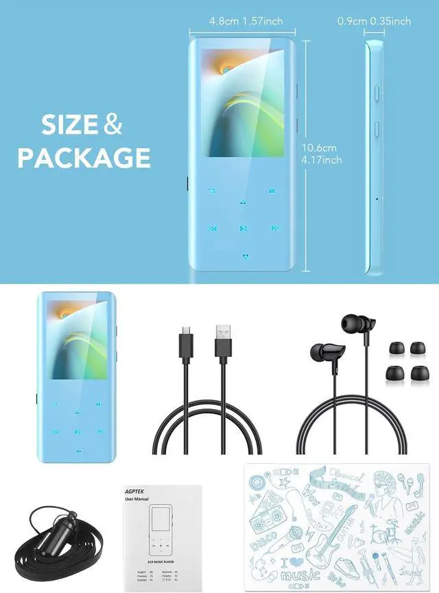 Alt view image 7 of 7 - AGPTEK 32GB MP3 Player with Bluetooth 5.0, 2.4 inch Screen Lossless Sound Music Player with Speaker Portable Digital Audio Player Supports FM Radio, Recordings, Supports up to 128GB (Blue)