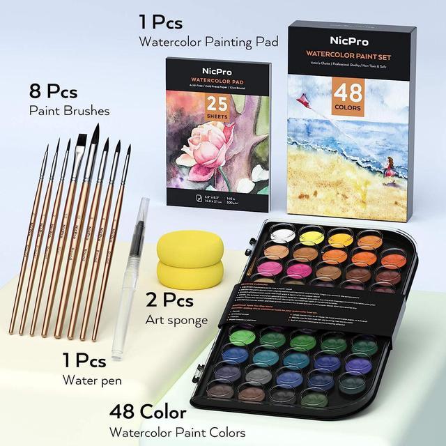 Nicpro 50 Colors Watercolor Paint Set, Include Metallic & Fluorescent  Color, 8 Squirrel Painting Brushes, 25 Water Color Paper & Palette, Art  Supplies