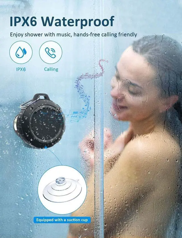 Alt view image 2 of 6 - Outdoor Waterproof Bluetooth Speaker,Kunodi Wireless Portable Mini Shower Travel Speaker with Subwoofer, Enhanced Bass, Built in Mic for Sports, Pool, Beach, Hiking, Camping (Black)