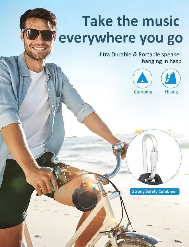 Alt view image 3 of 6 - Outdoor Waterproof Bluetooth Speaker,Kunodi Wireless Portable Mini Shower Travel Speaker with Subwoofer, Enhanced Bass, Built in Mic for Sports, Pool, Beach, Hiking, Camping (Black)