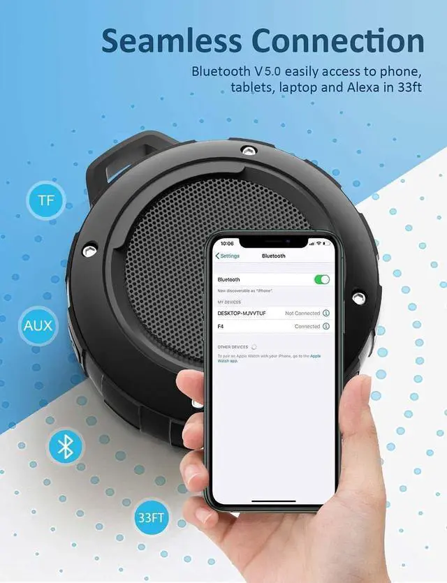 Alt view image 6 of 6 - Outdoor Waterproof Bluetooth Speaker,Kunodi Wireless Portable Mini Shower Travel Speaker with Subwoofer, Enhanced Bass, Built in Mic for Sports, Pool, Beach, Hiking, Camping (Black)