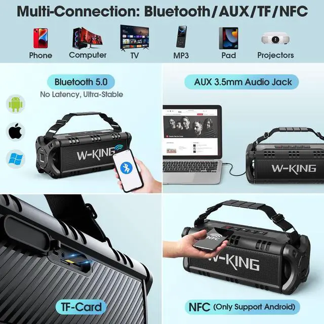 Alt view image 6 of 6 - 50W Outdoor Waterproof Bluetooth Speaker, W-KING Portable Speakers Bluetooth Wireless 70W Peak Stereo Sound/Super Deep Bass/40H/Dual Pairing/EQ/Power Bank/TF/AUX, Party Loud Speaker for Home,Travel