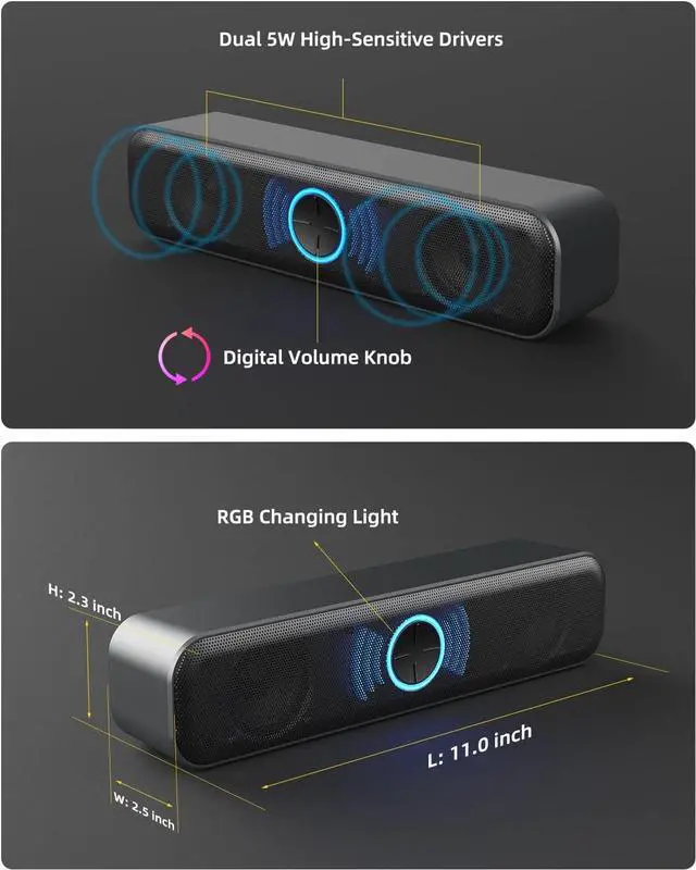 Alt view image 2 of 7 - USB Computer Speakers for Desktop, Laptop, PC Gaming Speakers, Small Computer Sound Bar with Stereo Loud Sound, Enhanced Bass, Dynamic RGB Light, Digital Volume Knob