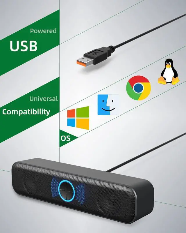 Alt view image 4 of 7 - USB Computer Speakers for Desktop, Laptop, PC Gaming Speakers, Small Computer Sound Bar with Stereo Loud Sound, Enhanced Bass, Dynamic RGB Light, Digital Volume Knob