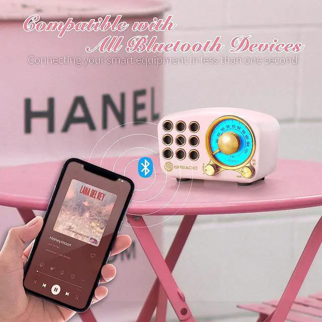Alt view image 4 of 7 - Retro Bluetooth Speaker, Vintage Radio-Greadio FM Radio with Old Fashioned Classic Style, Strong Bass Enhancement, Loud Volume, Bluetooth 5.0 Wireless Connection, TF Card and MP3 Player (Pink)