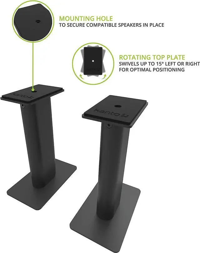 Alt view image 2 of 6 - Kanto SP9 9" Speaker Stands | Designed for 3" to 4" Desktop and Bookshelf Speakers | Reduced Vibration | Heavy Steel with Foam Padding | 30° Rotating Top Plate | Hidden Cable Design | Black | Pair