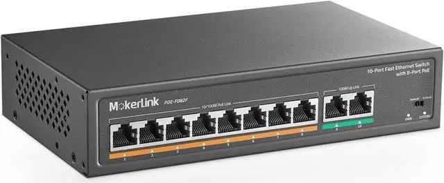 Main image of MokerLink 10 Port PoE Switch with 8 Port PoE+, 2 Fast Ethernet Link, 100Mbps, 120W 802.3af/at PoE, Fanless Plug & Play Network Switch