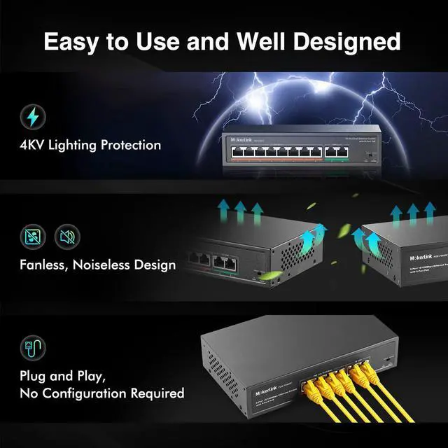 Alt view image 6 of 7 - MokerLink 10 Port PoE Switch with 8 Port PoE+, 2 Fast Ethernet Link, 100Mbps, 120W 802.3af/at PoE, Fanless Plug & Play Network Switch