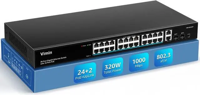 Main image of 24 Port Gigabit PoE Switch Unmanaged with 2 Uplink Gigabit Ports 2 SFP, 320W High Power, Support IEEE802.3af/at, Vlan, Rackmount. VIMIN 28 Port Network Power Over Ethernet Switch.