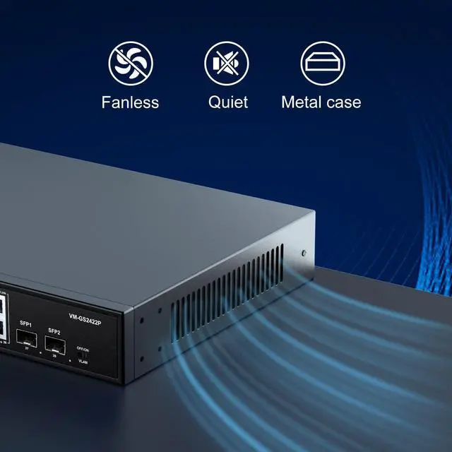 Alt view image 6 of 7 - 24 Port Gigabit PoE Switch Unmanaged with 2 Uplink Gigabit Ports 2 SFP, 320W High Power, Support IEEE802.3af/at, Vlan, Rackmount. VIMIN 28 Port Network Power Over Ethernet Switch.
