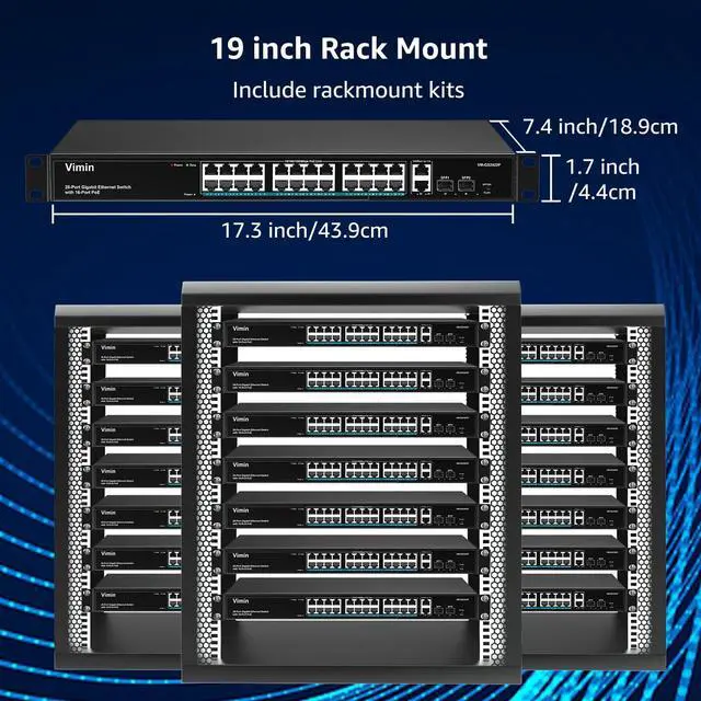 Alt view image 7 of 7 - 24 Port Gigabit PoE Switch Unmanaged with 2 Uplink Gigabit Ports 2 SFP, 320W High Power, Support IEEE802.3af/at, Vlan, Rackmount. VIMIN 28 Port Network Power Over Ethernet Switch.