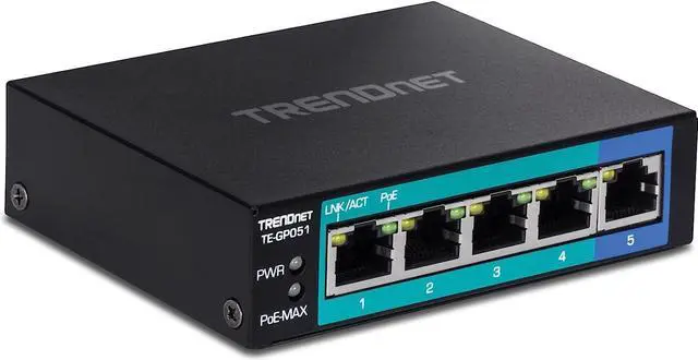 Main image of TRENDnet 5-Port Unmanaged Gigabit PoE+ Switch, 4 x Gigabit PoE+, 1 x Gigabit Port, 10Gbps Switching Capacity, 35W PoE Power Budget, Metal Network Ethernet Switch, Fanless, Black, TE-GP051