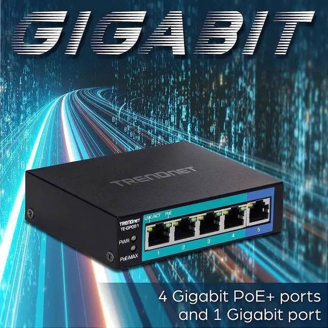 Alt view image 2 of 7 - TRENDnet 5-Port Unmanaged Gigabit PoE+ Switch, 4 x Gigabit PoE+, 1 x Gigabit Port, 10Gbps Switching Capacity, 35W PoE Power Budget, Metal Network Ethernet Switch, Fanless, Black, TE-GP051