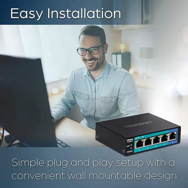 Alt view image 4 of 7 - TRENDnet 5-Port Unmanaged Gigabit PoE+ Switch, 4 x Gigabit PoE+, 1 x Gigabit Port, 10Gbps Switching Capacity, 35W PoE Power Budget, Metal Network Ethernet Switch, Fanless, Black, TE-GP051