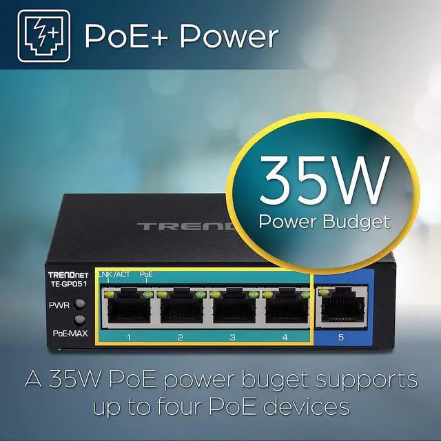 Alt view image 3 of 7 - TRENDnet 5-Port Unmanaged Gigabit PoE+ Switch, 4 x Gigabit PoE+, 1 x Gigabit Port, 10Gbps Switching Capacity, 35W PoE Power Budget, Metal Network Ethernet Switch, Fanless, Black, TE-GP051