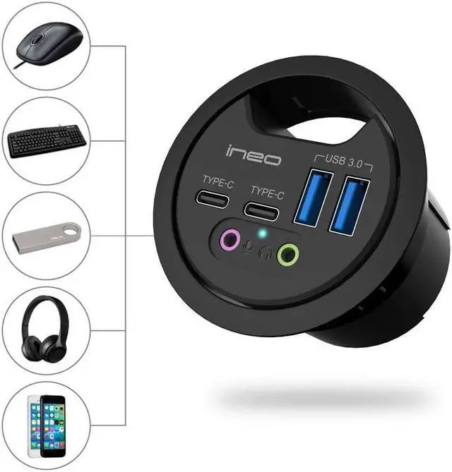 Alt view image 3 of 7 - ineo Grommet Desk Fit 2Type A 2Type C with 3.5mm Audio Mic Jack Plus 3.2 inch Expandable case