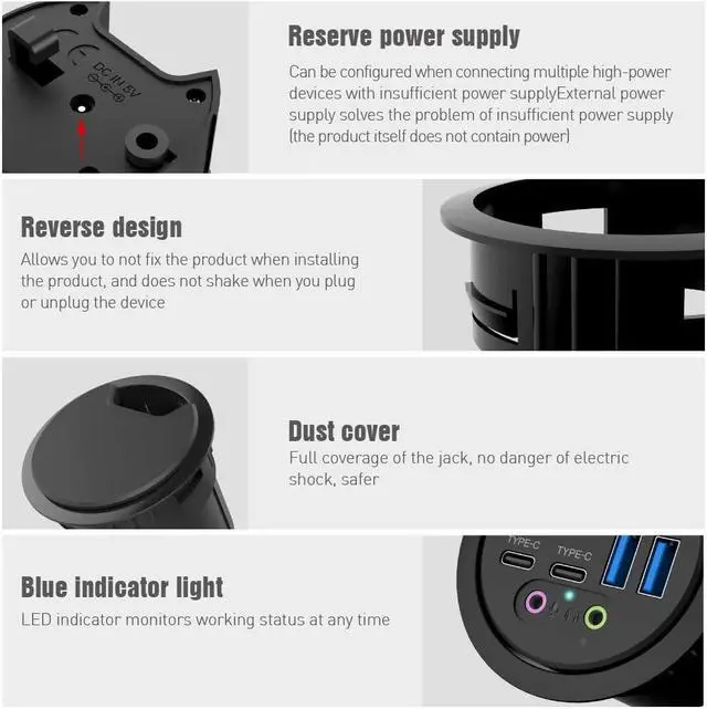 Alt view image 4 of 7 - ineo Grommet Desk Fit 2Type A 2Type C with 3.5mm Audio Mic Jack Plus 3.2 inch Expandable case