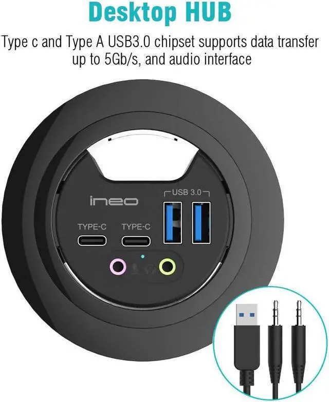 Alt view image 2 of 7 - ineo Grommet Desk Fit 2Type A 2Type C with 3.5mm Audio Mic Jack Plus 3.2 inch Expandable case