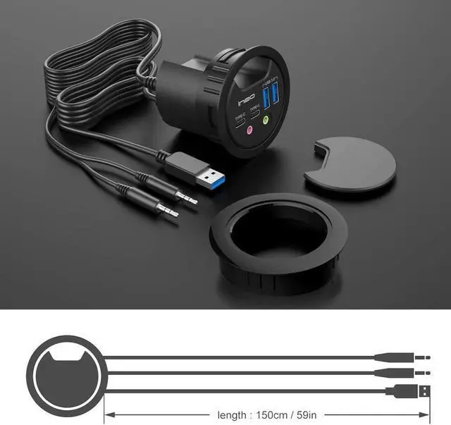 Alt view image 7 of 7 - ineo Grommet Desk Fit 2Type A 2Type C with 3.5mm Audio Mic Jack Plus 3.2 inch Expandable case