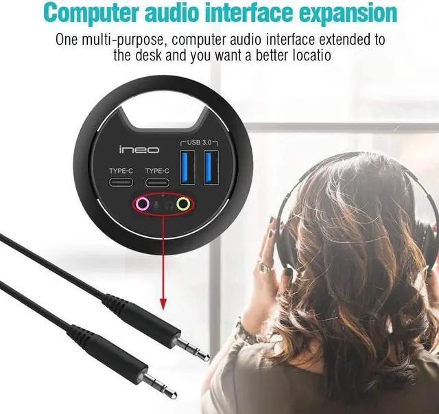 Alt view image 6 of 7 - ineo Grommet Desk Fit 2Type A 2Type C with 3.5mm Audio Mic Jack Plus 3.2 inch Expandable case