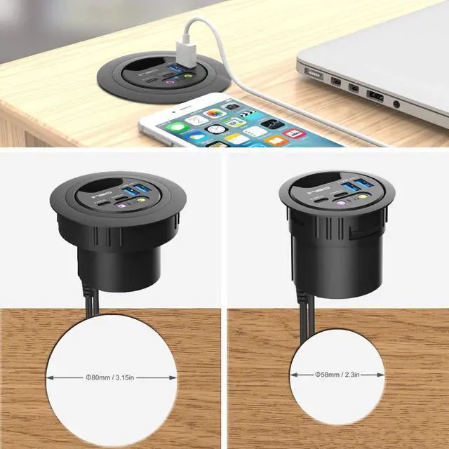 Alt view image 5 of 7 - ineo Grommet Desk Fit 2Type A 2Type C with 3.5mm Audio Mic Jack Plus 3.2 inch Expandable case