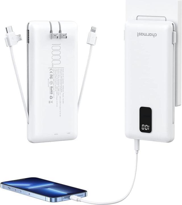 Portable Charger with Built in Cables, Portable Charger with Cords Wires  Slim 10000mAh Travel Battery Pack 6 Outputs 3 Inputs 3A Fast Charging Power