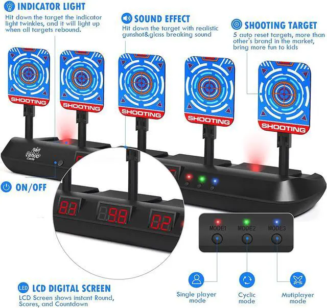 Alt view image 3 of 7 - Lehoo Castle Nerf Target, 5 Electronic Digital Target for Nerf Guns, Shooting Targets with Auto-Reset, Scoring Target Includes 20 Bullets, Hand Wrist Bands, Stickers, Gift for Boys Girls
