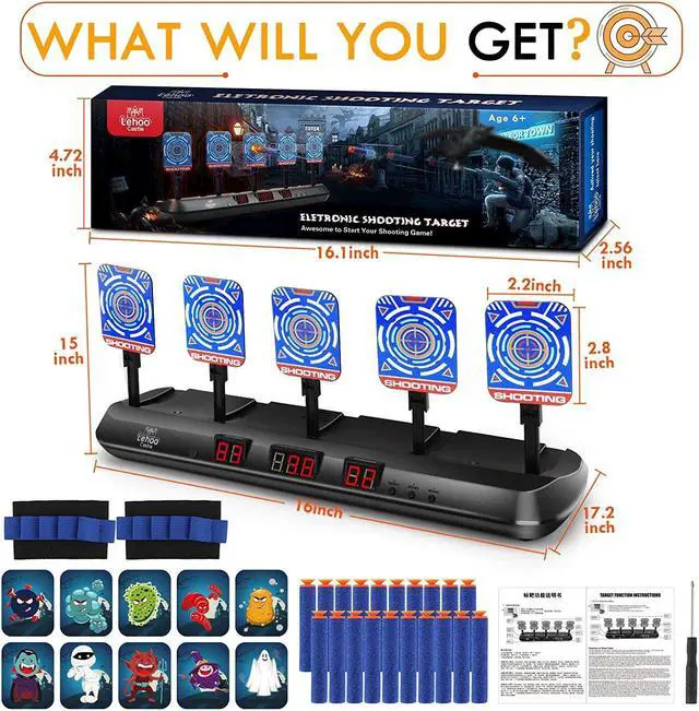 Alt view image 7 of 7 - Lehoo Castle Nerf Target, 5 Electronic Digital Target for Nerf Guns, Shooting Targets with Auto-Reset, Scoring Target Includes 20 Bullets, Hand Wrist Bands, Stickers, Gift for Boys Girls