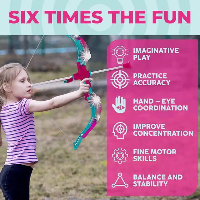 Alt view image 2 of 7 - Toysery Bow and Arrow for Kids with LED Flash Lights - Archery Set with 6 Suction Cups Arrows, Target, and Quiver, Practice Outdoor Toys Archery Set for Children Above 6 Years Old, Pink