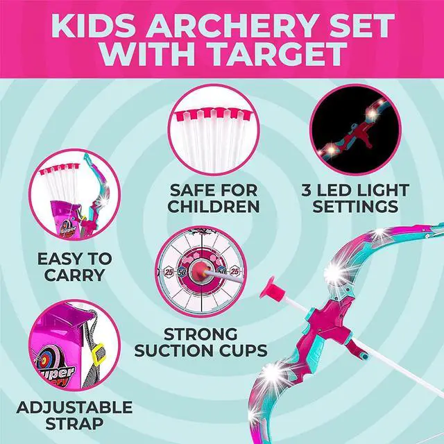 Alt view image 3 of 7 - Toysery Bow and Arrow for Kids with LED Flash Lights - Archery Set with 6 Suction Cups Arrows, Target, and Quiver, Practice Outdoor Toys Archery Set for Children Above 6 Years Old, Pink