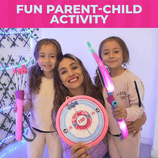 Alt view image 5 of 7 - Toysery Bow and Arrow for Kids with LED Flash Lights - Archery Set with 6 Suction Cups Arrows, Target, and Quiver, Practice Outdoor Toys Archery Set for Children Above 6 Years Old, Pink