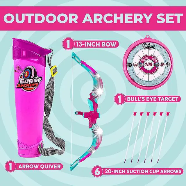 Alt view image 6 of 7 - Toysery Bow and Arrow for Kids with LED Flash Lights - Archery Set with 6 Suction Cups Arrows, Target, and Quiver, Practice Outdoor Toys Archery Set for Children Above 6 Years Old, Pink