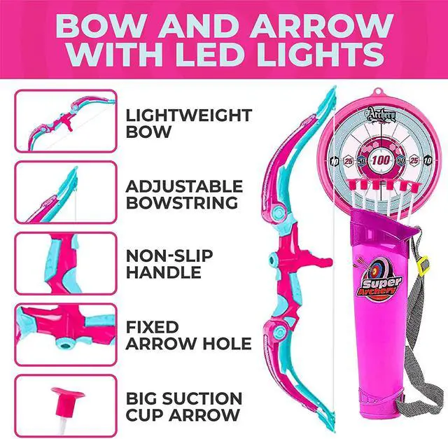 Alt view image 7 of 7 - Toysery Bow and Arrow for Kids with LED Flash Lights - Archery Set with 6 Suction Cups Arrows, Target, and Quiver, Practice Outdoor Toys Archery Set for Children Above 6 Years Old, Pink